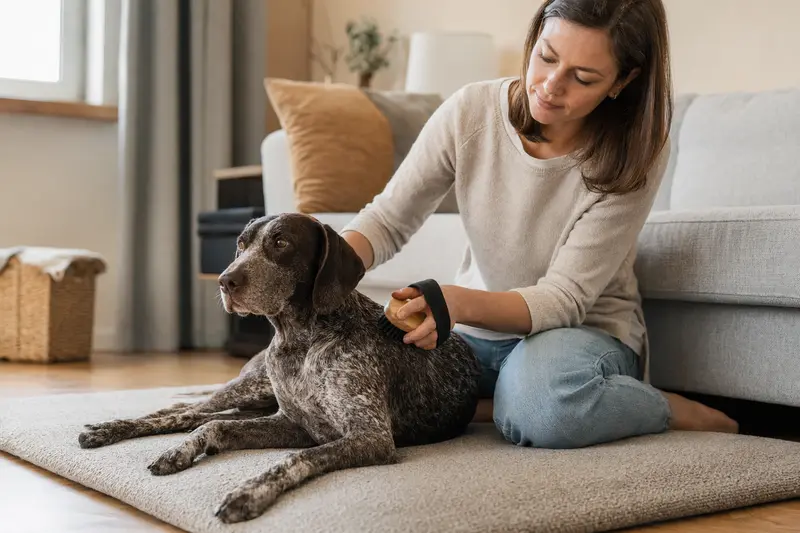 Ein Deutsch-Kurzhaar Hund wird zu Hause sanft gebürstet, während sein Besitzer die Fellpflege liebevoll übernimmt.