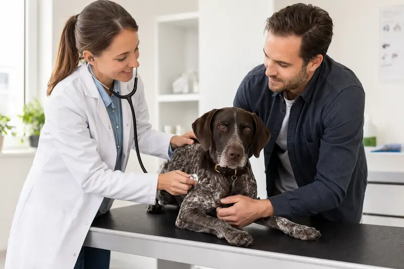 Ein ruhiger Deutsch-Kurzhaar Hund wird von einer freundlichen Tierärztin in einer modernen Tierarztpraxis mit einem Stethoskop untersucht.