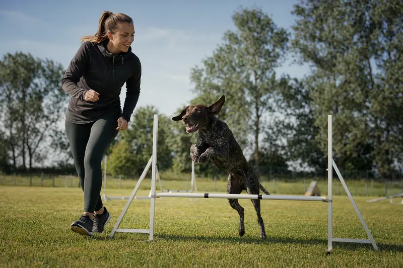 Ein aktiver Deutsch-Kurzhaar Hund springt mit seinem Besitzer über eine kleine Trainingshürde auf dem Hundeplatz.