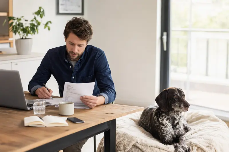Ein Besitzer sitzt mit einer Tierarztrechnung am Tisch, während ein entspannter Deutsch-Kurzhaar-Hund ruhig auf einer Decke liegt – ein Bild zum Thema Hundekrankenversicherung und Tierarztkosten.