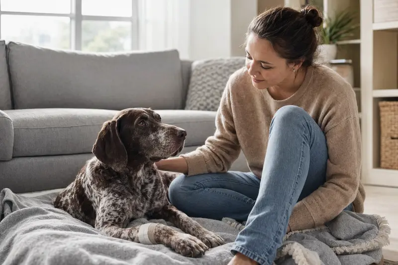 Ein entspannter Deutsch-Kurzhaar Hund mit Verband an der Pfote liegt auf einer Decke, während sein erleichterter Besitzer neben ihm sitzt.