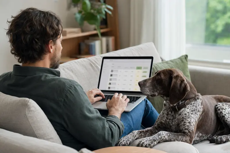 Ein Hundebesitzer arbeitet entspannt mit einem Laptop auf dem Sofa, während sein Deutsch-Kurzhaar Hund neben ihm sitzt und eine neutrale Versicherungsoberfläche auf dem Bildschirm zu sehen ist.