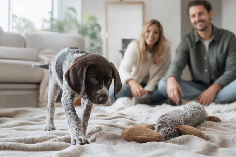 Ein neugieriger Deutsch-Kurzhaar Welpe erkundet sein neues Zuhause mit einer weichen Decke und Spielzeug im Hintergrund.