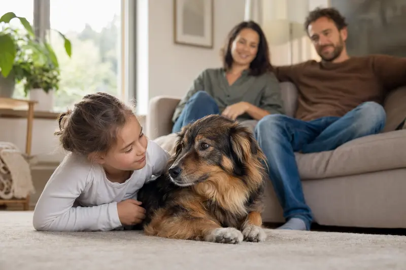 Ein entspannter Deutsch Langhaar Hund liegt neben einem Kind im warmen Wohnzimmer.