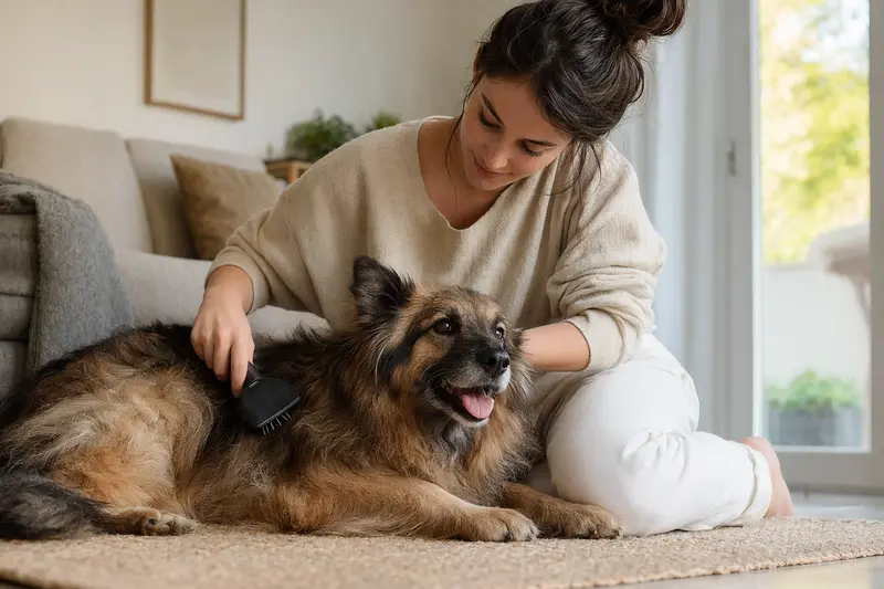 Ein Deutsch Langhaar Hund wird zuhause liebevoll gebürstet und gepflegt.