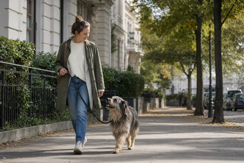 Ein Deutsch Langhaar Hund läuft an der Leine mit seinem Besitzer durch eine freundliche Stadtstraße.
