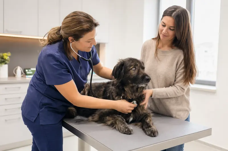 Ein entspannter Deutsch Langhaar Hund wird von einer freundlichen Tierärztin mit einem Stethoskop untersucht, während der Besitzer beruhigend daneben steht.
