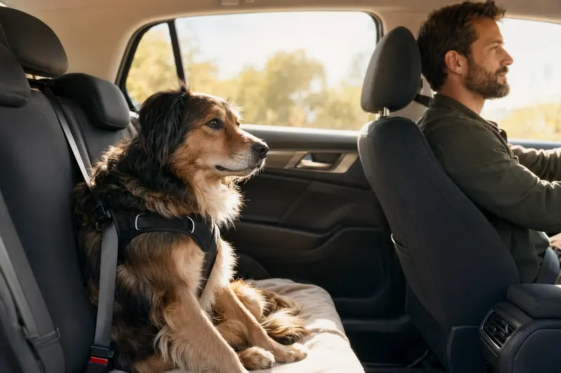 Ein Deutsch Langhaar Hund, sicher angeschnallt auf der Rückbank eines Autos, während die Sonne durch das Fenster scheint.