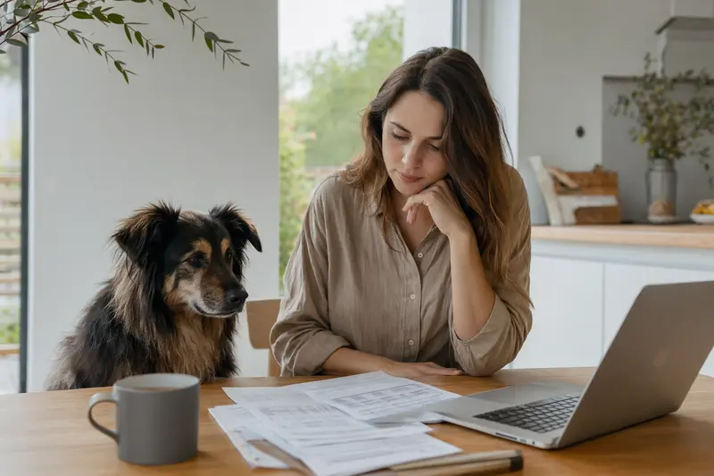 Ein Deutsch Langhaar Hund sitzt ruhig am Küchentisch neben seinem Besitzer, während Versicherungsunterlagen und ein Laptop auf dem Tisch liegen.