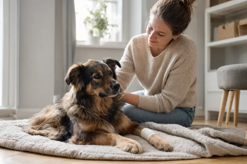 Ein entspannter Deutsch Langhaar Hund mit einem leichten Verband an der Pfote liegt neben seinem erleichterten Besitzer auf einer Decke in einer hellen Wohnung.