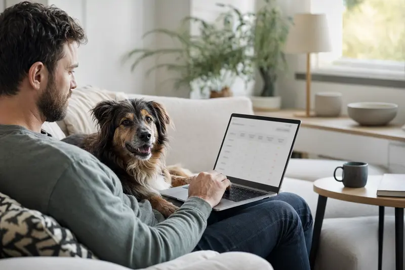 Ein Hundebesitzer sitzt auf dem Sofa mit einem Laptop, während ein Deutsch Langhaar Hund neben ihm liegt und eine Versicherungsvergleichs-Oberfläche auf dem Bildschirm zu sehen ist.