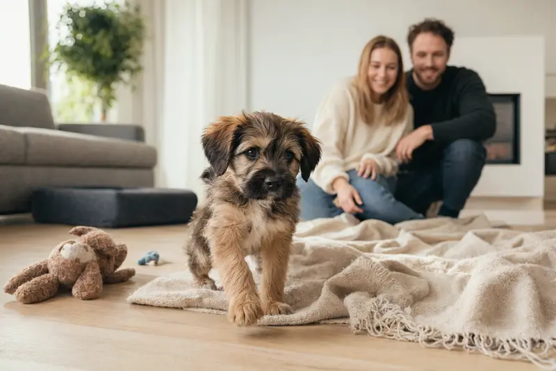Ein neugieriger Deutsch Langhaar Welpe erkundet seine neue Umgebung mit einer weichen Decke und Spielzeug, während seine liebevolle Familie im Hintergrund zu sehen ist.