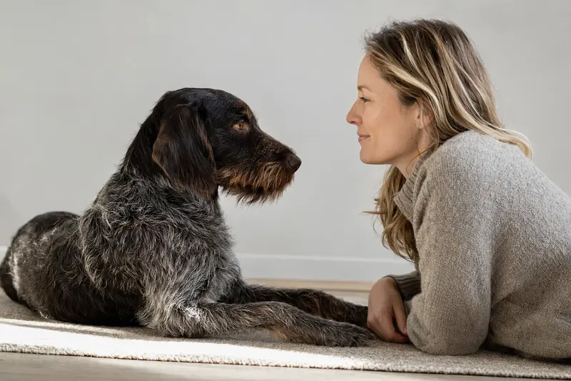 Ein aufmerksamer Deutsch Stichelhaar Hund steht in natürlicher Haltung vor hellem Hintergrund.