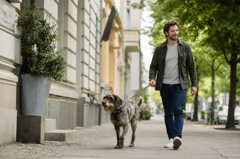 Ein Deutsch Stichelhaar läuft angeleint mit seinem Besitzer entspannt durch eine moderne Stadtstraße.