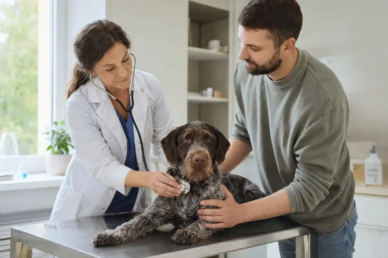 Ein ruhiger Deutsch Stichelhaar Hund wird von einer freundlichen Tierärztin in einer modernen Tierarztpraxis untersucht.