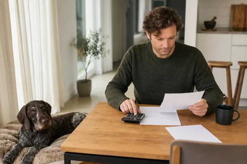 Ein Deutsch Stichelhaar liegt ruhig auf einer Decke, während sein Besitzer am Tisch eine Tierarztrechnung prüft, passend zum Thema Hundeversicherung.