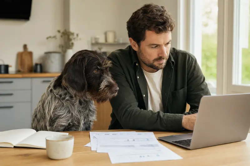 Ein Deutsch Stichelhaar Hund sitzt entspannt neben seinem Besitzer am Küchentisch, während Versicherungsunterlagen und ein Laptop auf dem Tisch liegen.