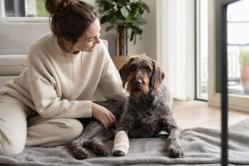 Ein entspannter Deutsch Stichelhaar Hund mit leichtem Verband an der Pfote liegt neben seinem Besitzer auf einer Decke in einer hellen Wohnung.