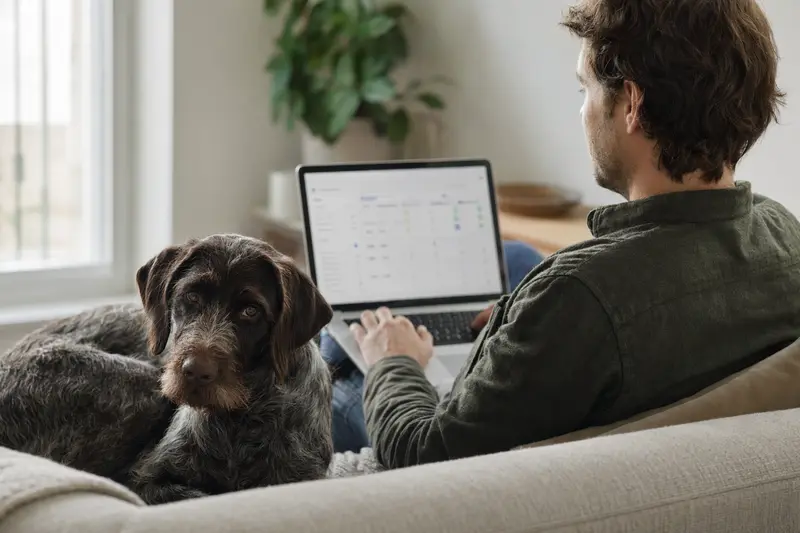 Ein Hundebesitzer arbeitet am Laptop auf dem Sofa, während sein Deutsch Stichelhaar Hund entspannt daneben sitzt.