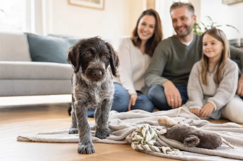 Ein neugieriger Deutsch Stichelhaar Welpe erkundet sein neues Zuhause mit einer weichen Decke und Spielzeug, während eine liebevolle Familie im Hintergrund zu sehen ist.