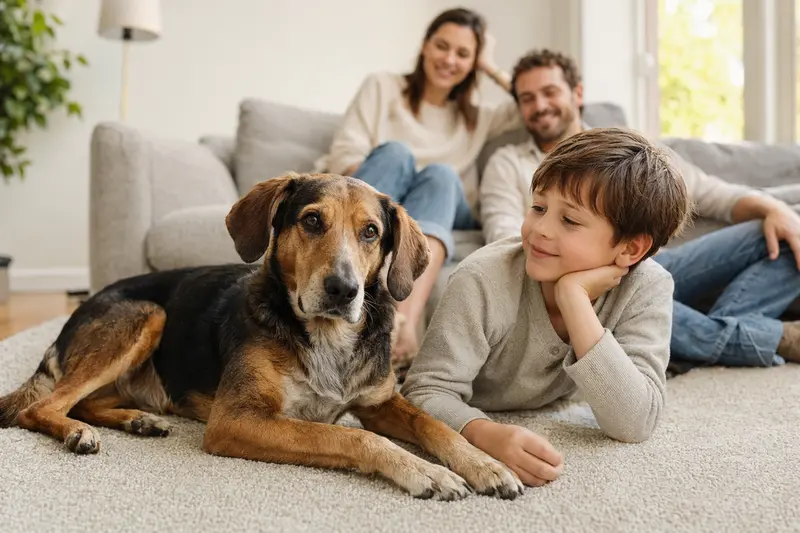 Ein entspannter Deutsche Bracke Hund liegt neben einem Kind im Wohnzimmer, während die Eltern im Hintergrund sitzen.
