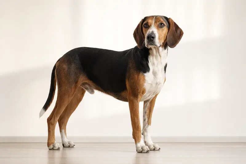 Aufmerksame Deutsche Bracke im natürlichen Stand vor hellem Hintergrund als professionelles Tierportrait.