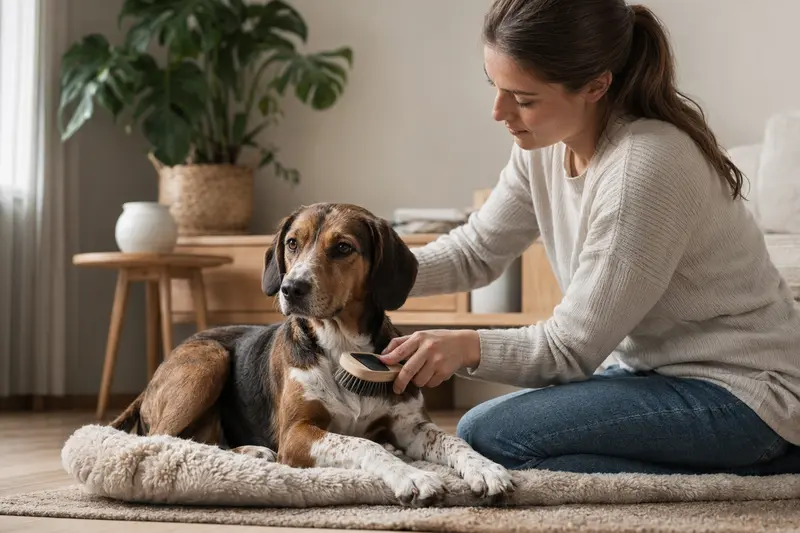 Ein Deutsche Bracke Hund wird in einer hellen Wohnung sanft gebürstet, während der Besitzer die Fellpflege liebevoll übernimmt.