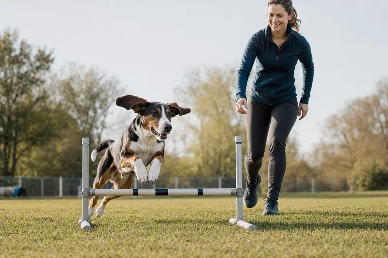 Ein Deutscher Bracke Hund trainiert mit seinem Besitzer auf einem Hundeplatz an einer kleinen Hürde und zeigt dabei Freude und Bewegung.