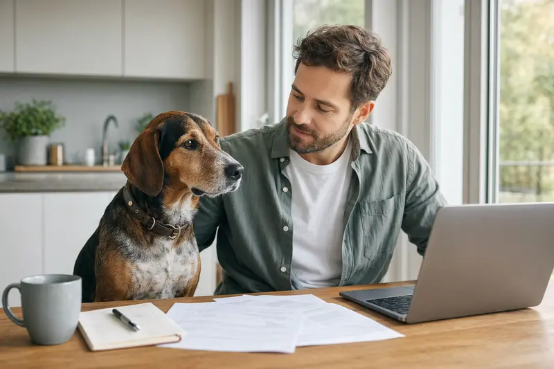Ein ruhiger Deutsche Bracke Hund sitzt neben seinem Besitzer am Küchentisch mit Versicherungsunterlagen und einem Laptop.
