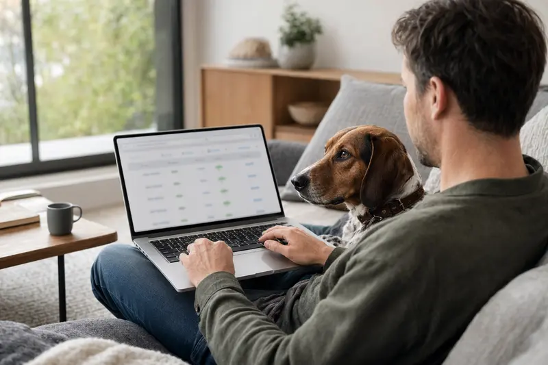 Ein Hundehalter sitzt auf dem Sofa mit einem Laptop, während neben ihm sein Deutsche Bracke Hund entspannt liegt und eine Versicherungsvergleichs-Oberfläche auf dem Bildschirm angezeigt wird.