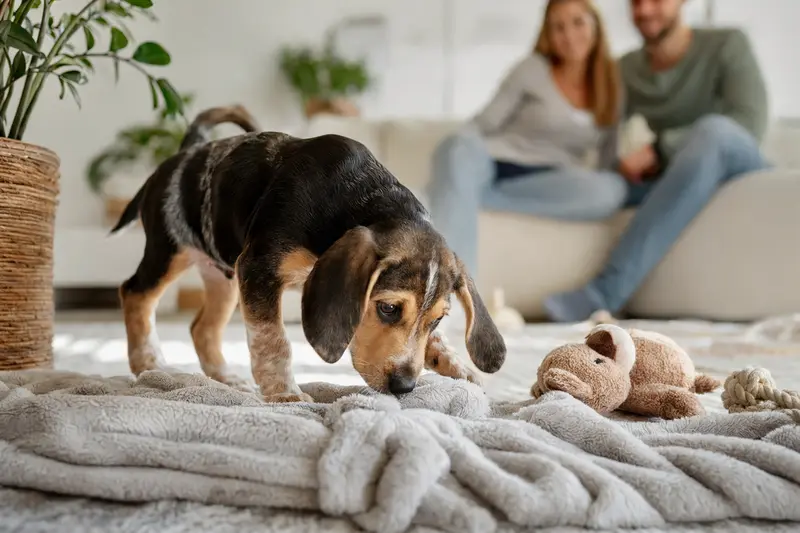 Ein junger Deutsche Bracke Welpe erkundet neugierig sein neues Heim mit weicher Decke und Spielzeug, während eine liebevolle Familie im Hintergrund zu sehen ist.
