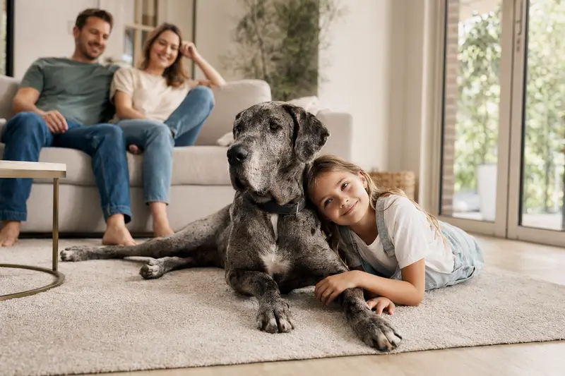 Eine Deutsche Dogge liegt entspannt neben einem Kind im Wohnzimmer, umgeben von einer warmen Familienatmosphäre.
