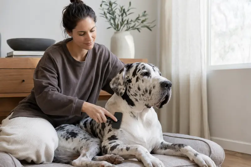 Eine Deutsche Dogge wird in einer hellen Wohnung sanft gebürstet, während ihr Besitzer liebevoll die Fellpflege übernimmt.