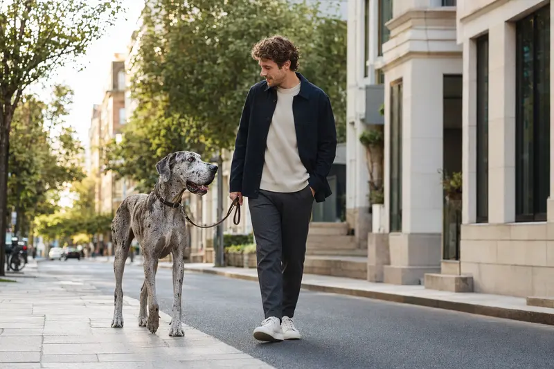 Eine Deutsche Dogge läuft an der Leine mit ihrem Besitzer durch eine moderne Stadtstraße.