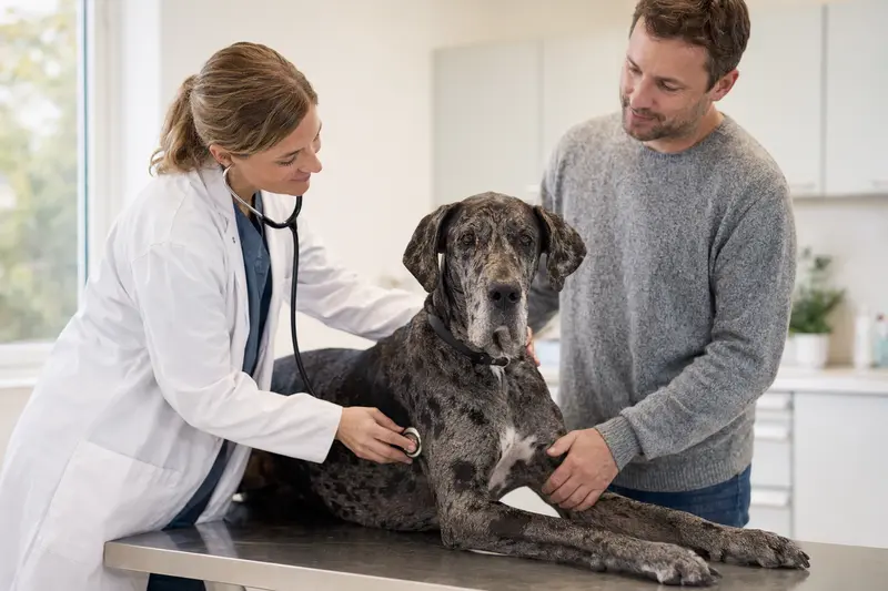 Eine Deutsche Dogge liegt ruhig auf einem Untersuchungstisch, während eine freundliche Tierärztin ihn behutsam mit einem Stethoskop untersucht.