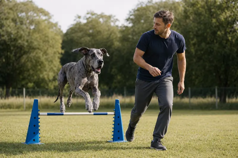 Eine Deutsche Dogge springt beim Training mit ihrem Besitzer über eine kleine Hürde auf dem Hundeplatz.