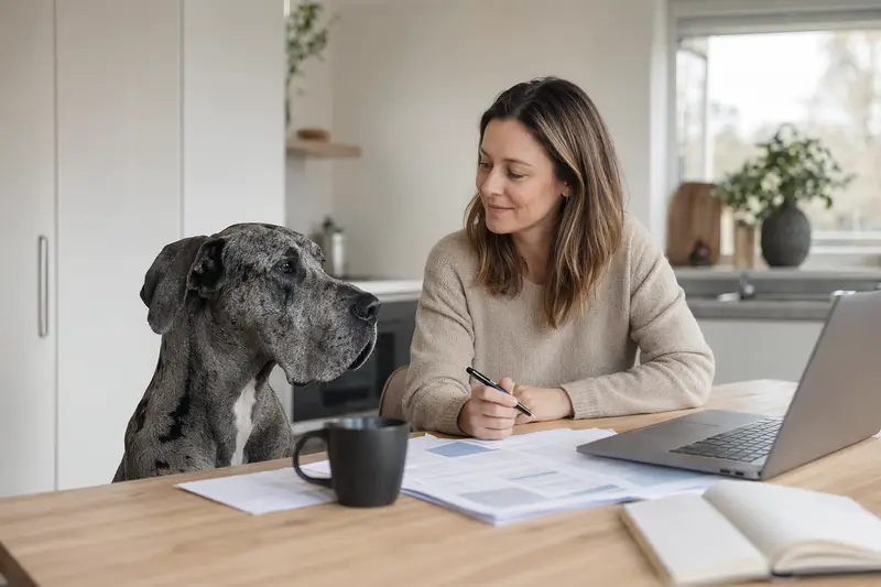 Deutsche Dogge sitzt neben ihrem Besitzer am Küchentisch, während er Versicherungsunterlagen prüft.