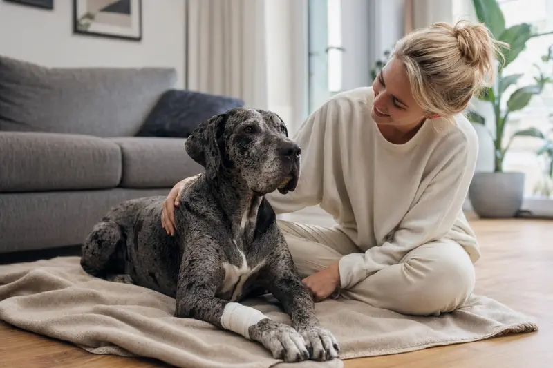 Eine Deutsche Dogge mit einem leichten Verband an der Pfote liegt entspannend auf einer Decke, während ihr erleichterter Besitzer neben ihr sitzt.