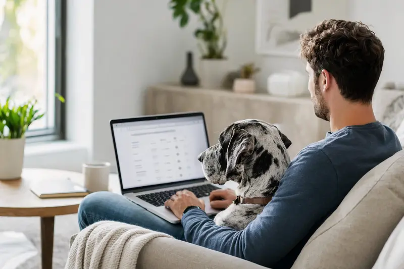 Ein Hundebesitzer sitzt mit Laptop auf dem Sofa, während eine Deutsche Dogge daneben liegt und eine neutrale Versicherungsvergleichsseite auf dem Bildschirm angezeigt wird.