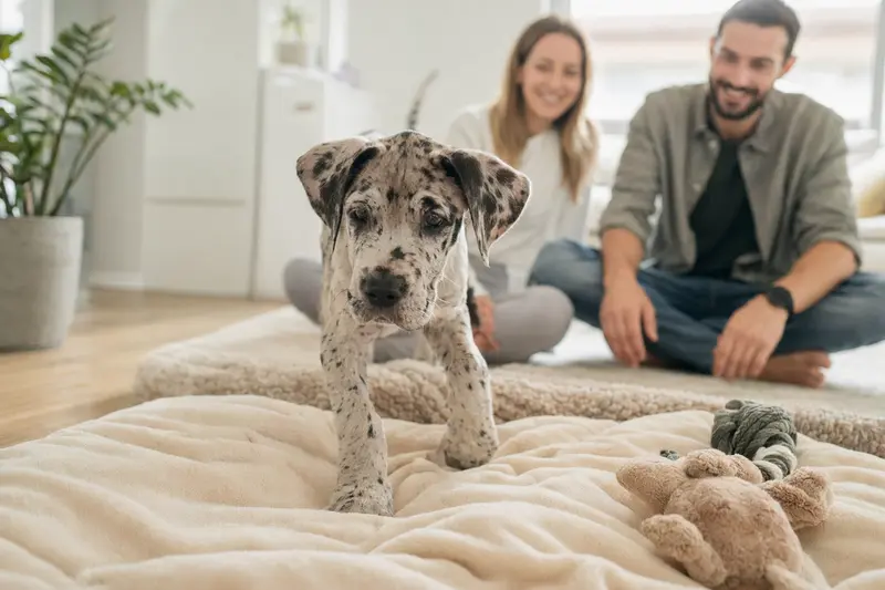Ein neugieriger Deutscher Dogge Welpe erkundet liebevoll sein neues Zuhause mit einer weichen Decke und Spielzeug.