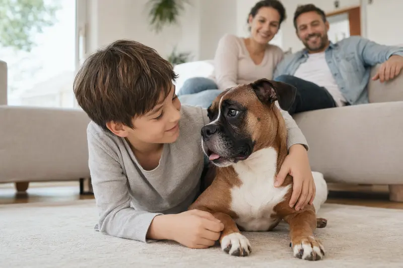 Ein entspannter Deutscher Boxer liegt neben einem Kind in einem hellen Wohnzimmer.