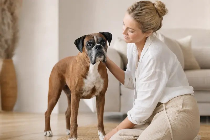 Aufmerksam stehender Deutscher Boxer vor hellem Hintergrund, als realistisches Tierportrait mit natürlicher Haltung.