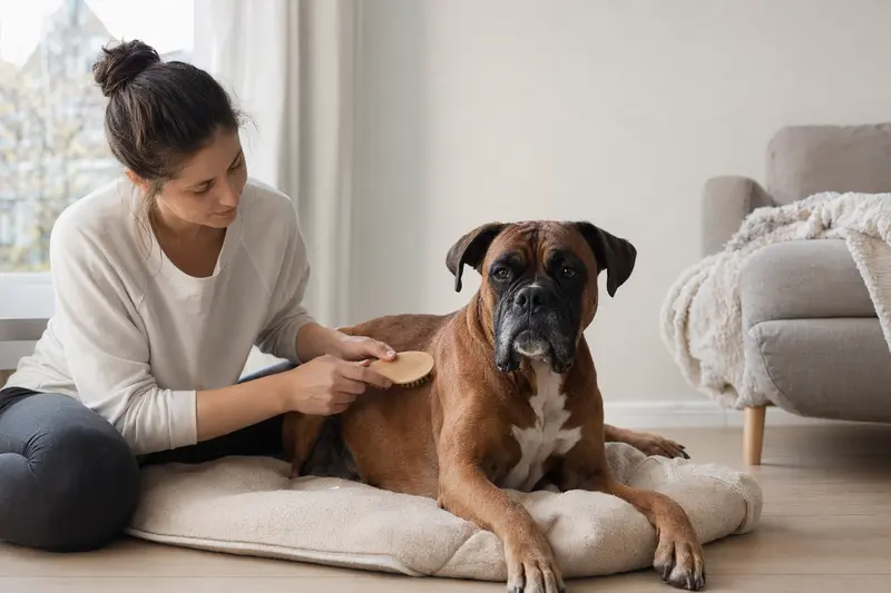 Ein Deutscher Boxer wird in einer hellen Wohnung liebevoll gebürstet, während der Besitzer sich ruhig und aufmerksam um die Fellpflege kümmert.