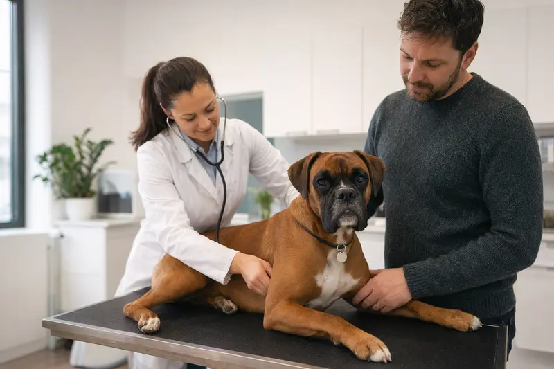 Ein ruhiger Deutscher Boxer wird von einer Tierärztin mit Stethoskop in einer modernen Tierarztpraxis untersucht, während der Besitzer beruhigend daneben steht.