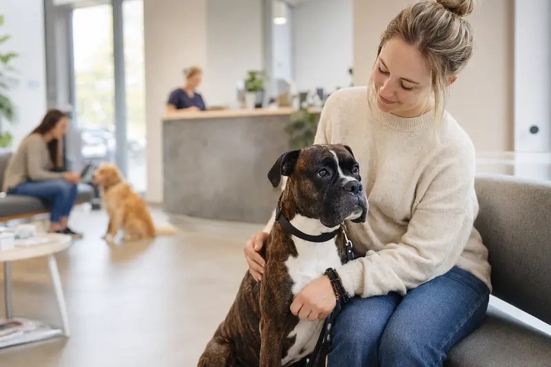 Ein Deutscher Boxer sitzt ruhig neben seinem Besitzer im hellen Wartezimmer einer modernen Tierarztpraxis.