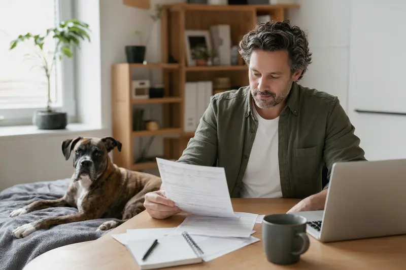 Ein Hundehalter sitzt mit einer Tierarztrechnung am Tisch, während ein entspannter Deutscher Boxer auf einer Decke liegt – ein ruhiges Bild zum Thema Tierarztkosten und Absicherung für Hunde.