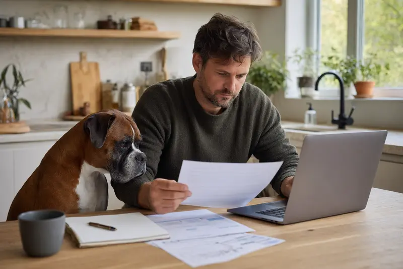 Ein Deutscher Boxer Hund sitzt neben seinem Besitzer an einem Küchentisch mit Versicherungsunterlagen.