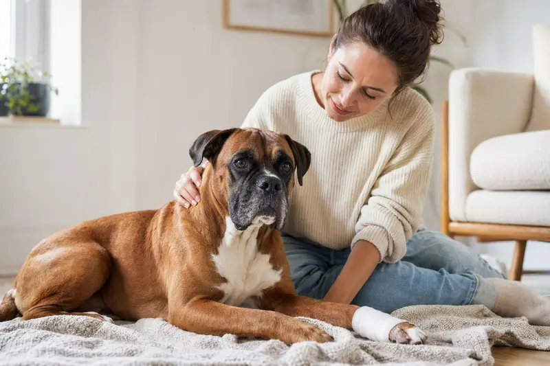 Ein Deutscher Boxer liegt mit einem leichten Verband an der Pfote neben seinem Besitzer in einer hellen, fürsorglichen Wohnatmosphäre.