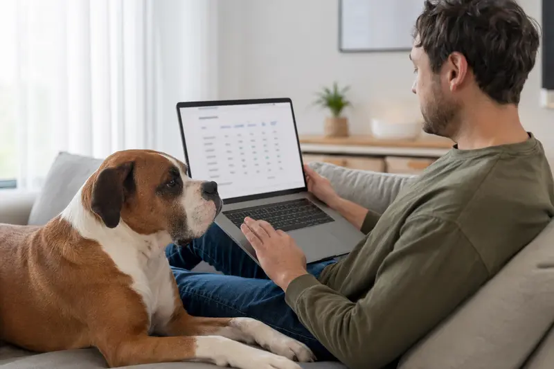 Ein Hundebesitzer entscheidet sich mit seinem Deutschen Boxer für die passende Tierkrankenversicherung am Laptop.