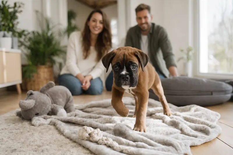 Ein neugieriger Deutscher Boxer Welpe erkundet sein neues Zuhause mit liebevoller Familie im Hintergrund